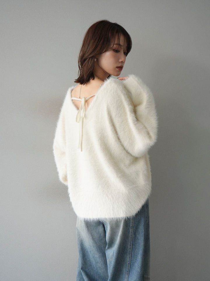 [予約]バックリボンVネックシャギーニットプルオーバー/ivory
