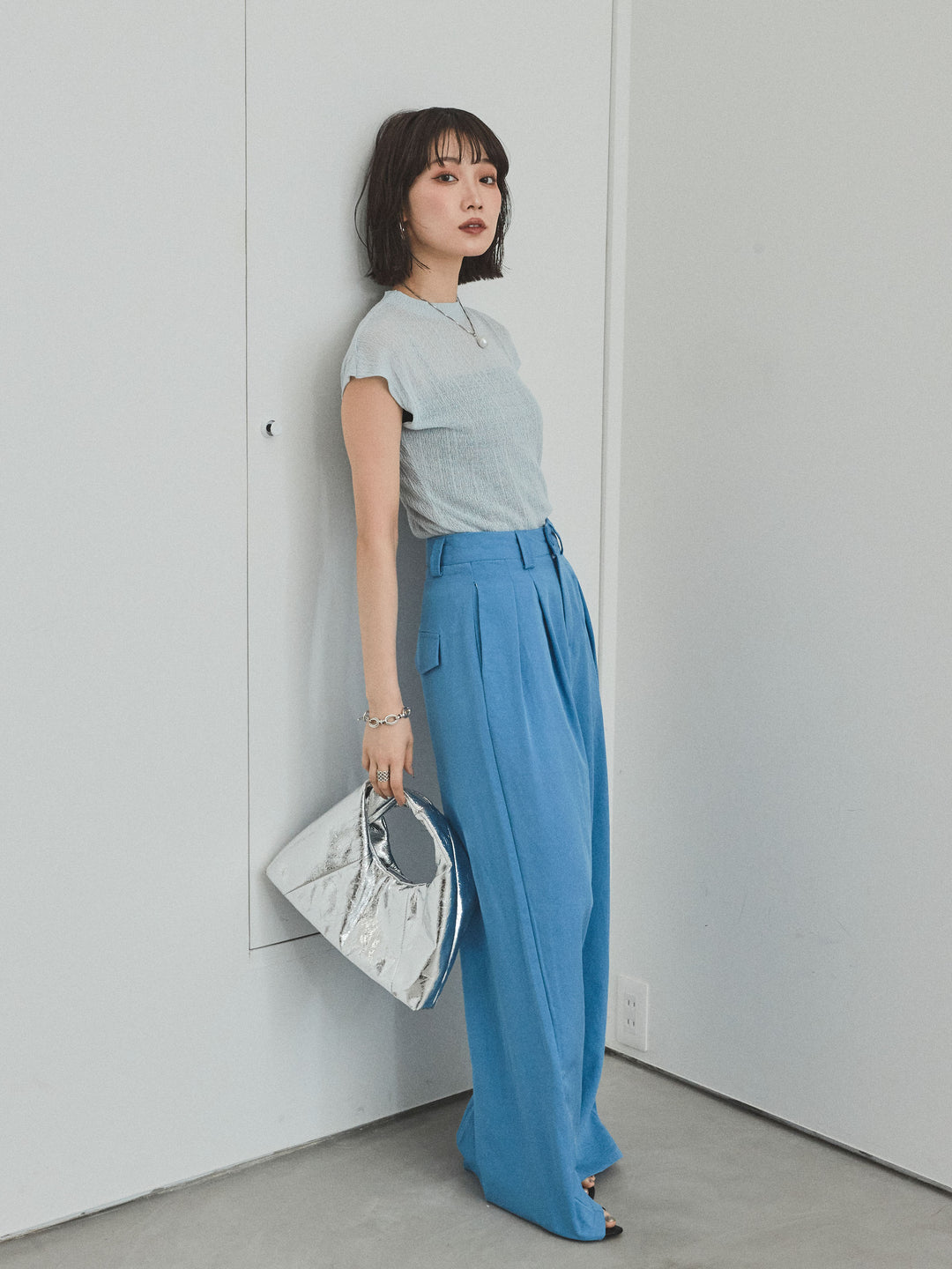 [SET] 法式袖透視針織上衣 + 亞麻觸感褶皺寬褲 (2set)