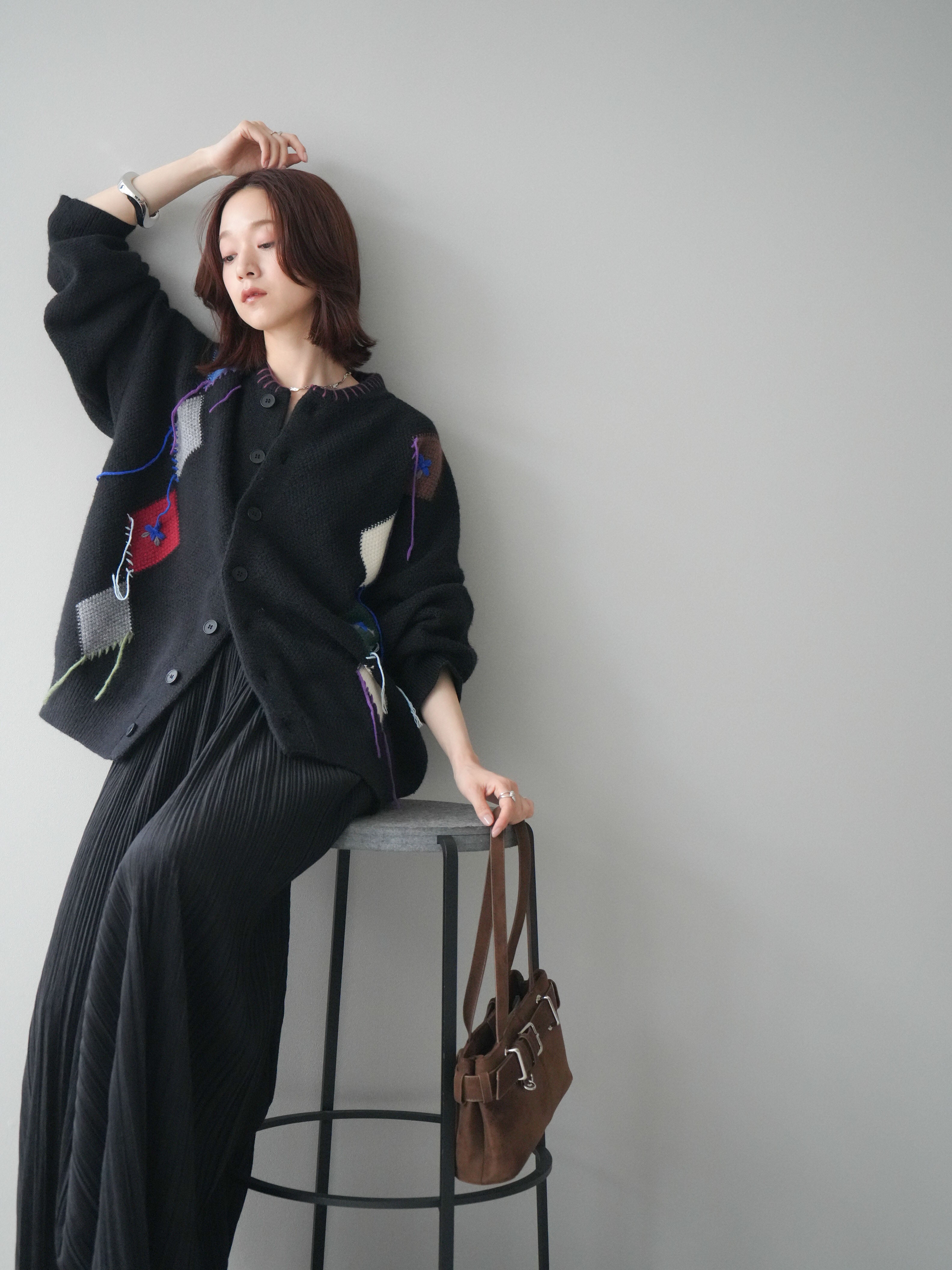 SET]ハンドステッチアーガイルデザインニットカーディガン+裾レース