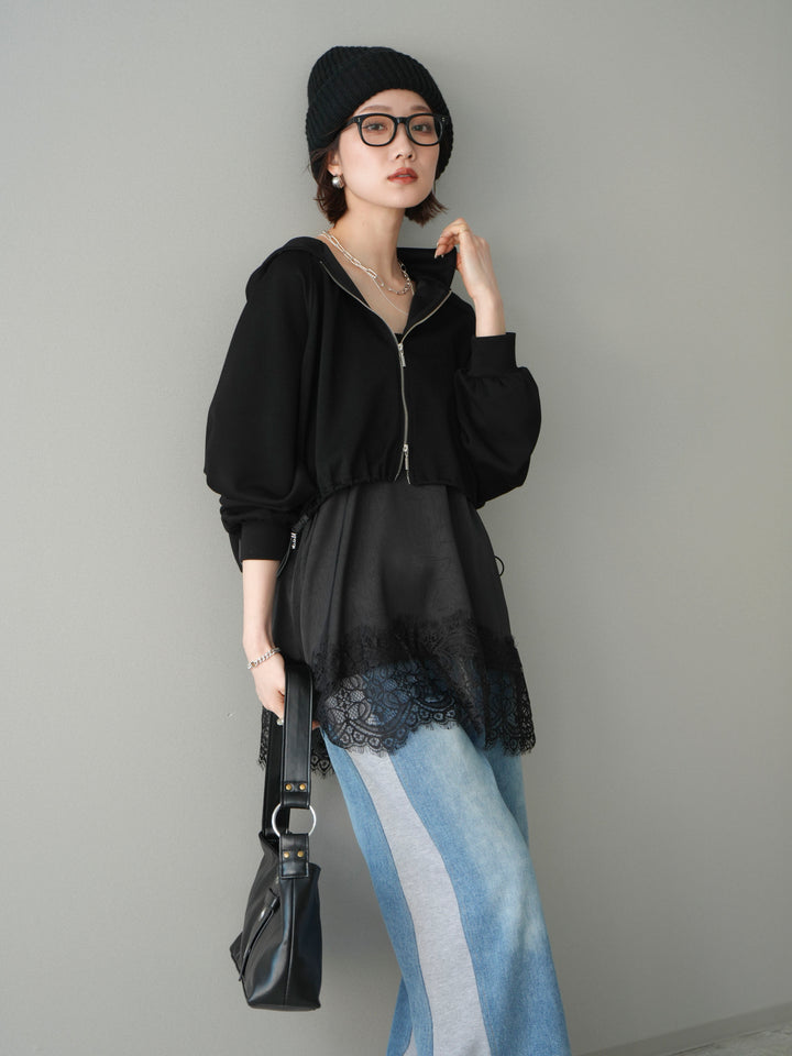 [予約]バイカラー異素材ライトポンチクロップドZIPフーディー/black