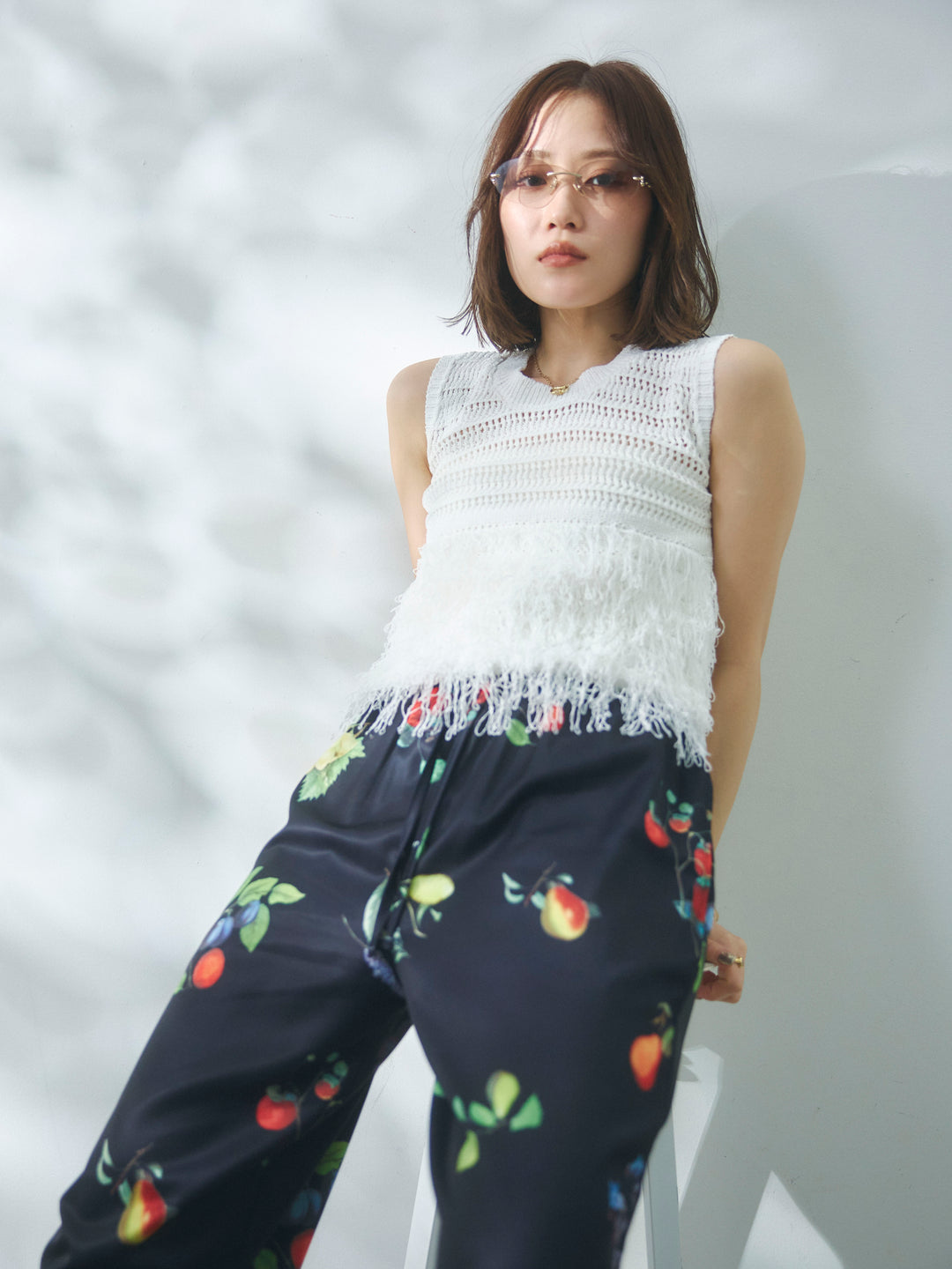 【Allure】[SET]フリンジクロップドニットベスト+ボタニカルプリントイージーパンツ(2set)