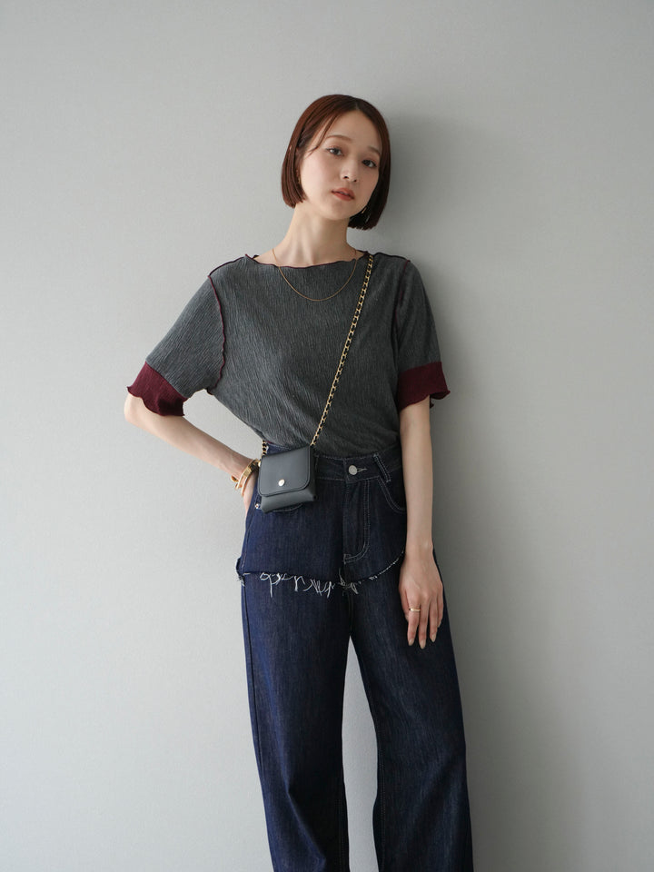 [SET] 百褶同色船領套頭衫 + 臀部設計牛仔褲（2 件組）