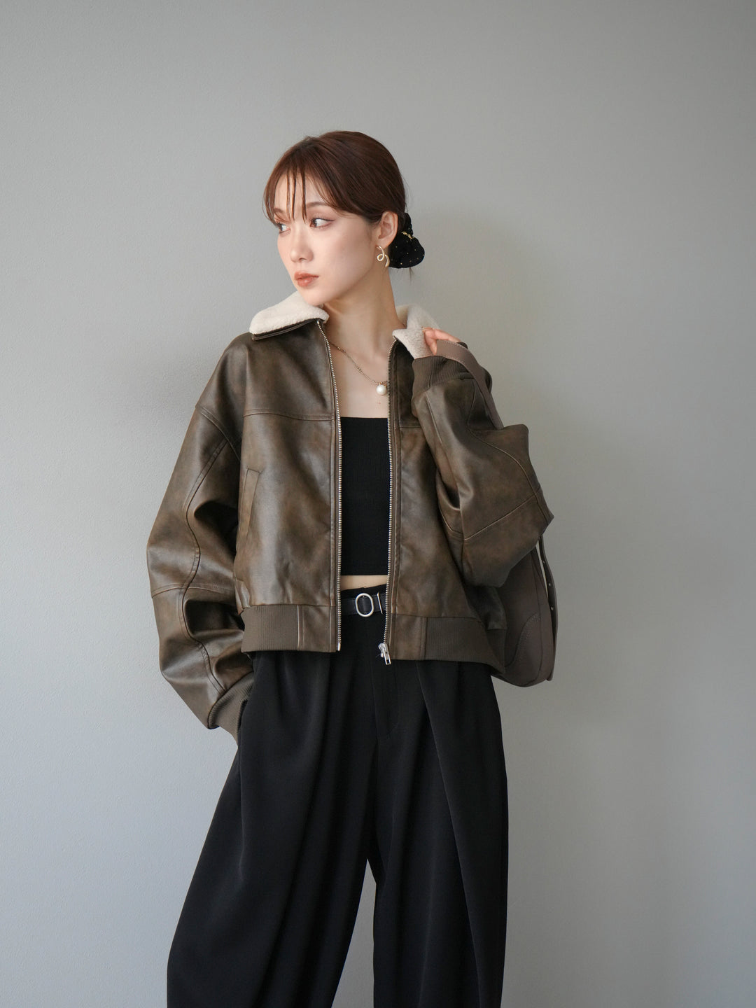 [予約]襟ボアヴィンテージレザーブルゾン/ブラウン