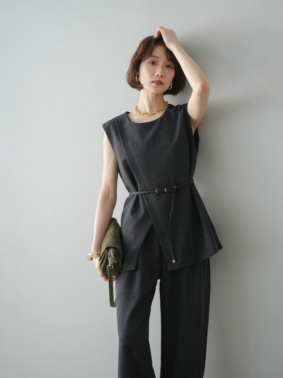 [SET]ベルト付ノースリーブトップス＆ワイドパンツSETUP