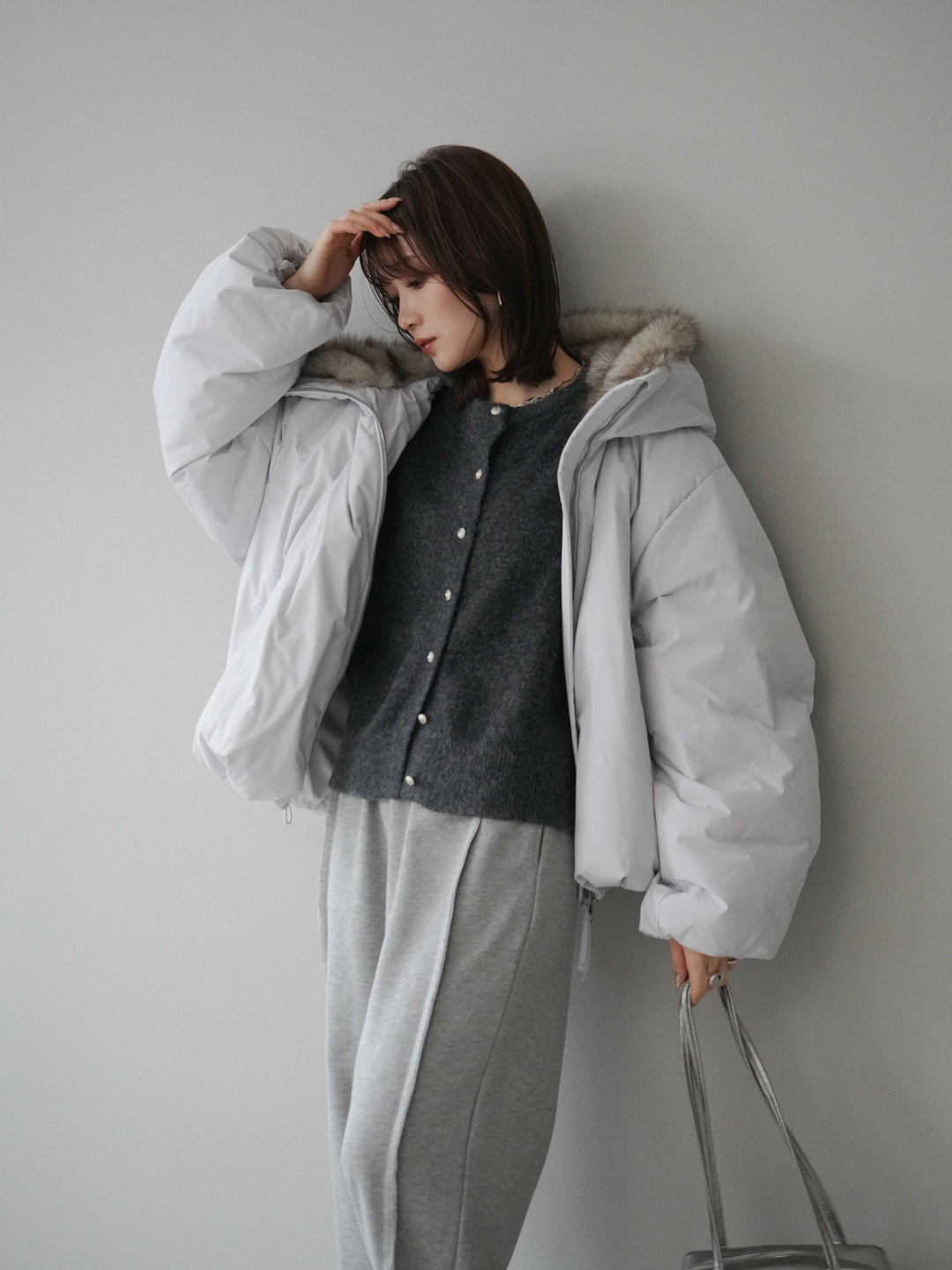[予約]フードファーショートダウンコート/lightgray