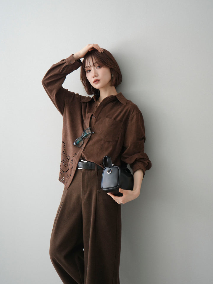 [予約]裾スカラップスエードシャツ/brown
