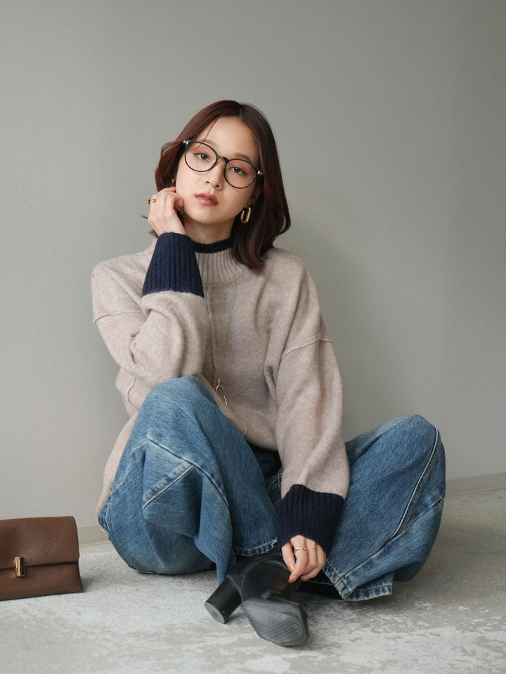 [SET]配色ハイネックニットプルオーバー+ペインターカーブデニムパンツ(2set)