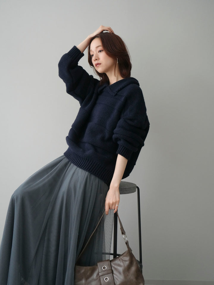 [SET]襟付きボーダー編みニットプルオーバー+チュールボリュームスカート(2set)