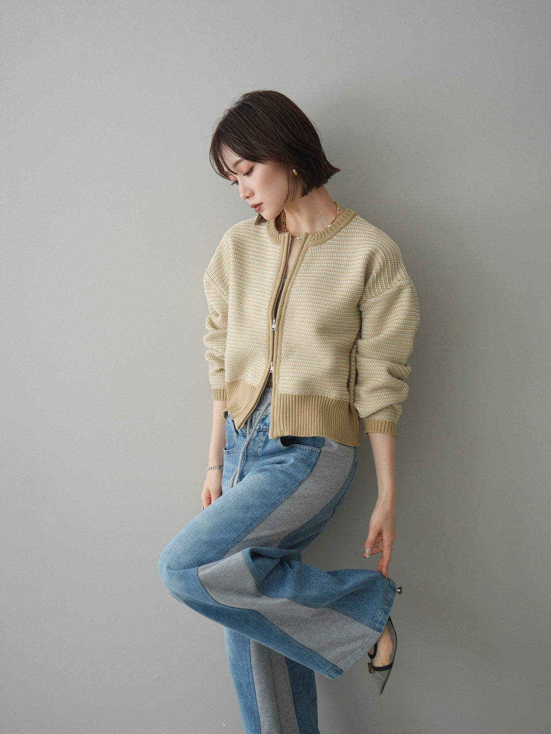 [予約]ボーダーダブルZIPカーディガン/beige