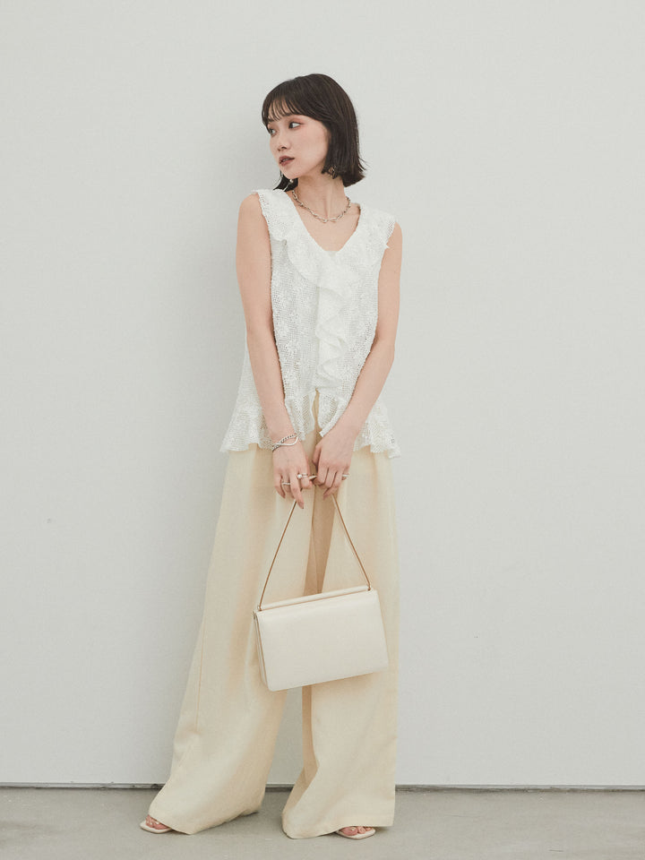 [SET]テープヤーンラッフルノースリトップス+リネンタッチタックワイドパンツ (2set)