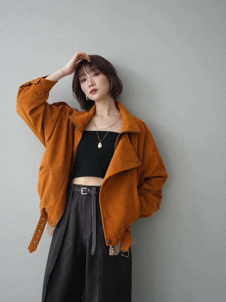 [SET]コーデュロイライダース裾レースブルゾン+カップ付テレコリブベアキャミソール+コットンツイルカーブパンツ(3set)