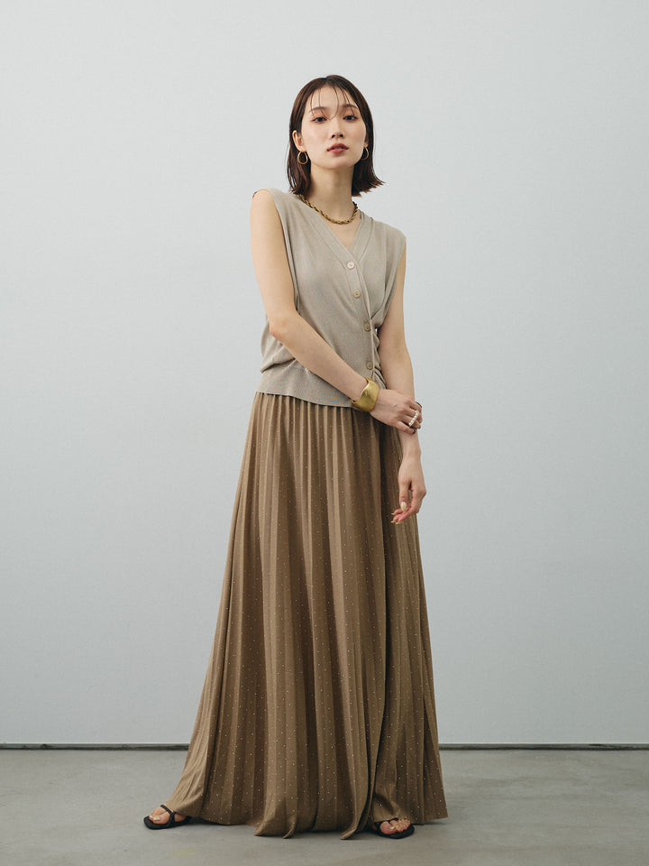 [予約]ラインストーンプリーツスカート/ベージュ