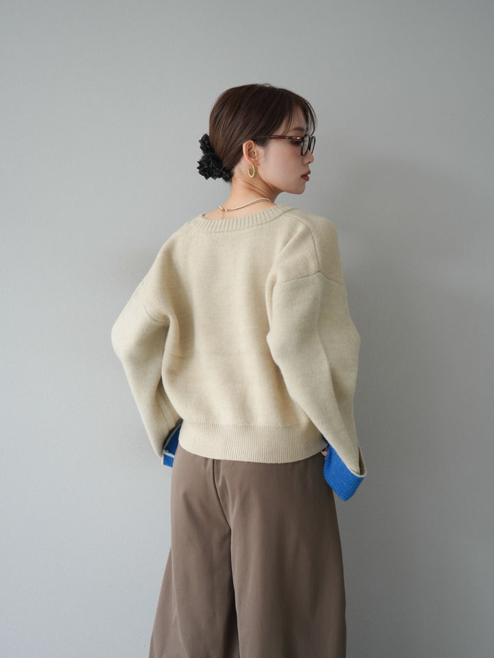 【SET】雙色針織開襟衫+褶襉設計寬褲（2套）