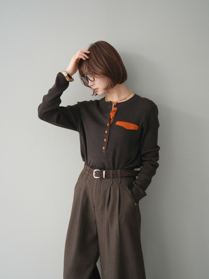 [SET]バイカラーデザインポケット配色ヘンリーネックニットソー+アニマル柄ベルト付きウールタッチワイドパンツ(2set)