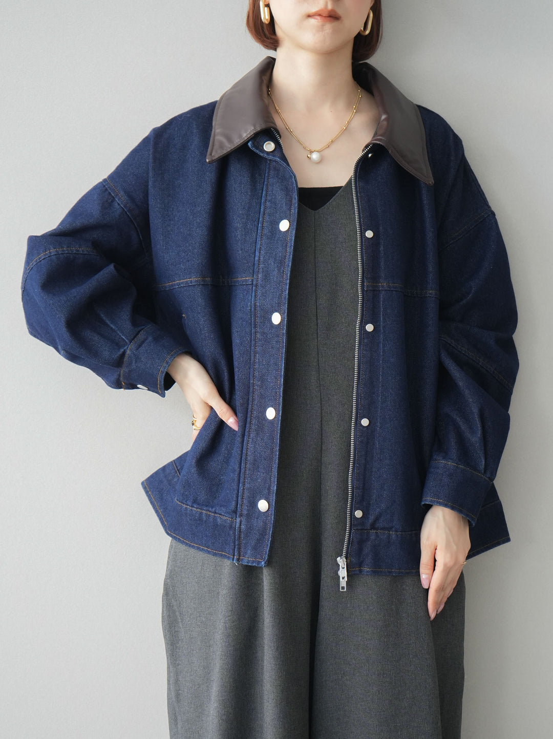 [予約]配色襟レザーデニムブルゾン/indigo