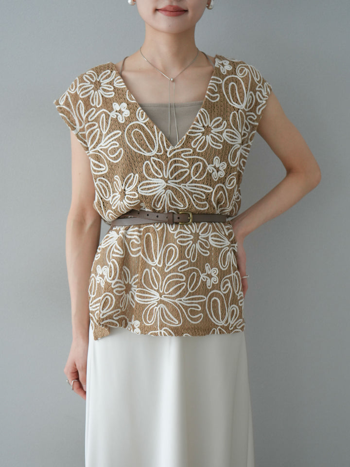 [予約]メッシュコード刺繍ベスト/ベージュ