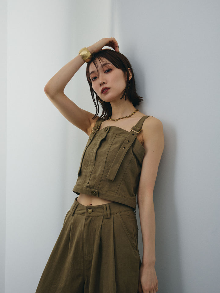 [SET] 亞麻感緊身胸衣＆寬褲套裝（2件套）