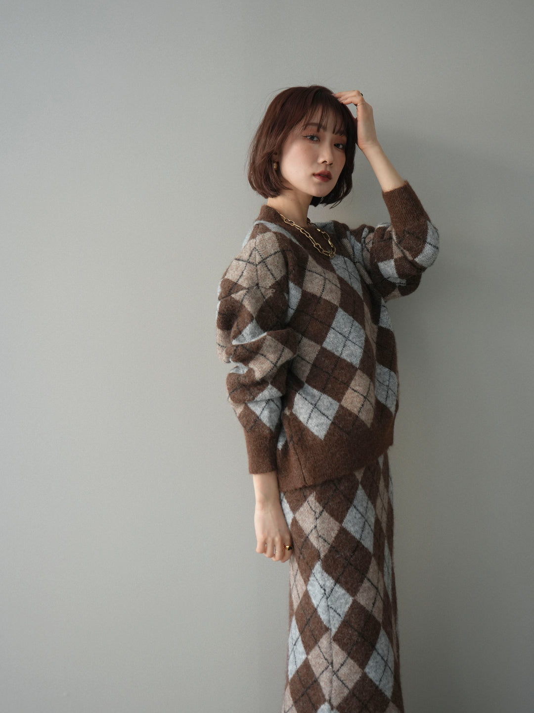 [SET]アーガイルニットプルオーバー&ロングスカートSET UP+選べるアクセセット(2set)