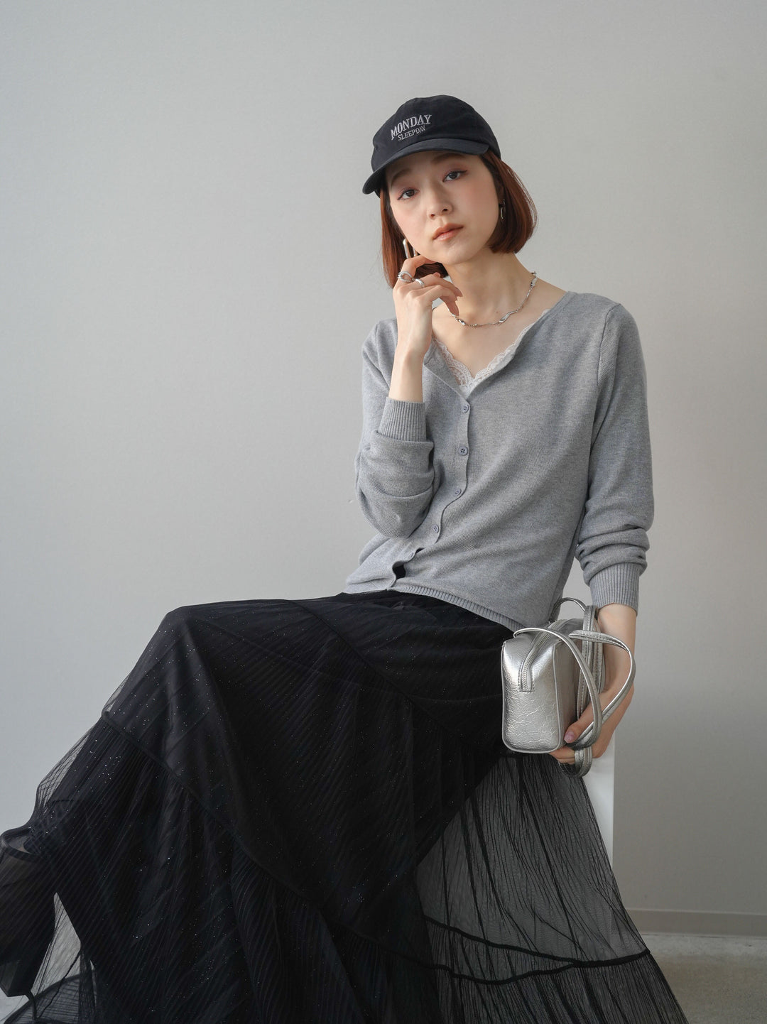 [予約]レースレイヤードニットカーディガン/gray