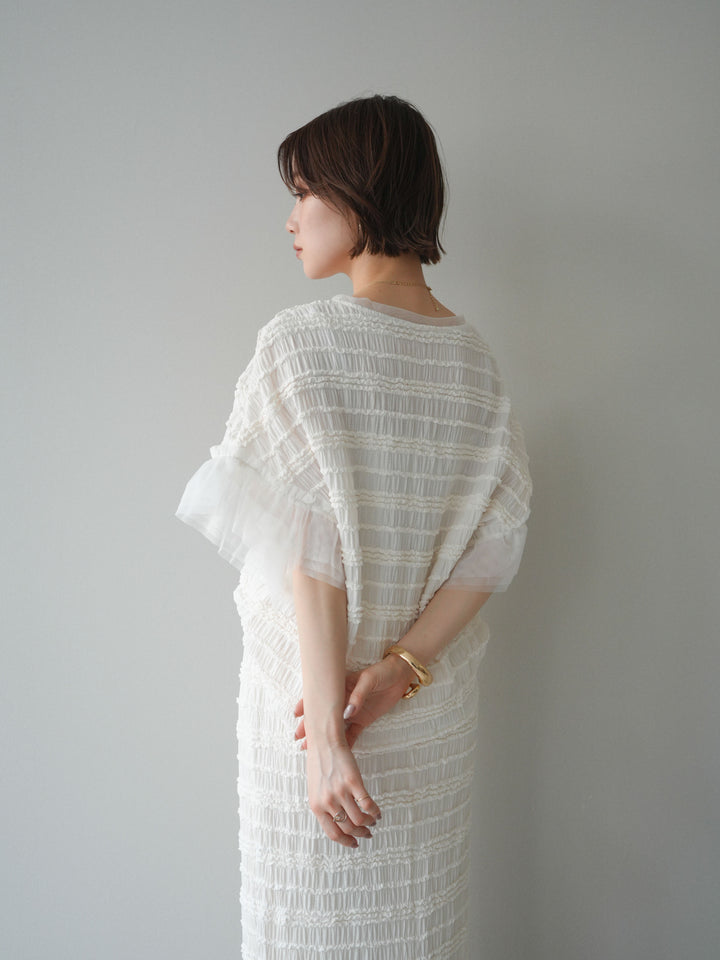 [SET]チュール袖リップルトップス+リップルIラインスカート(2set)