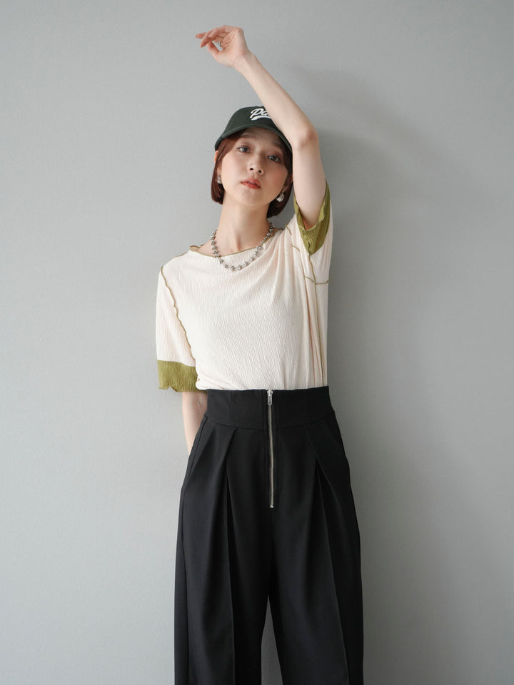 [SET] 百褶同色船領套頭衫 + 拉鍊褶襉寬褲 (2 套)