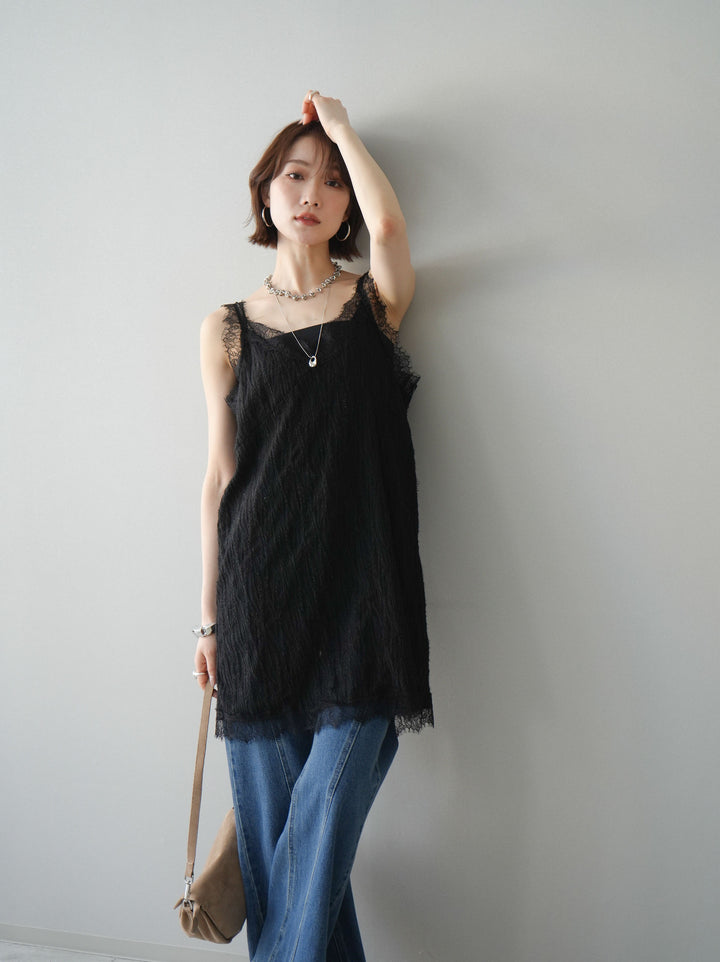 [予約]レース切替ジャガードニットロングキャミソール/black