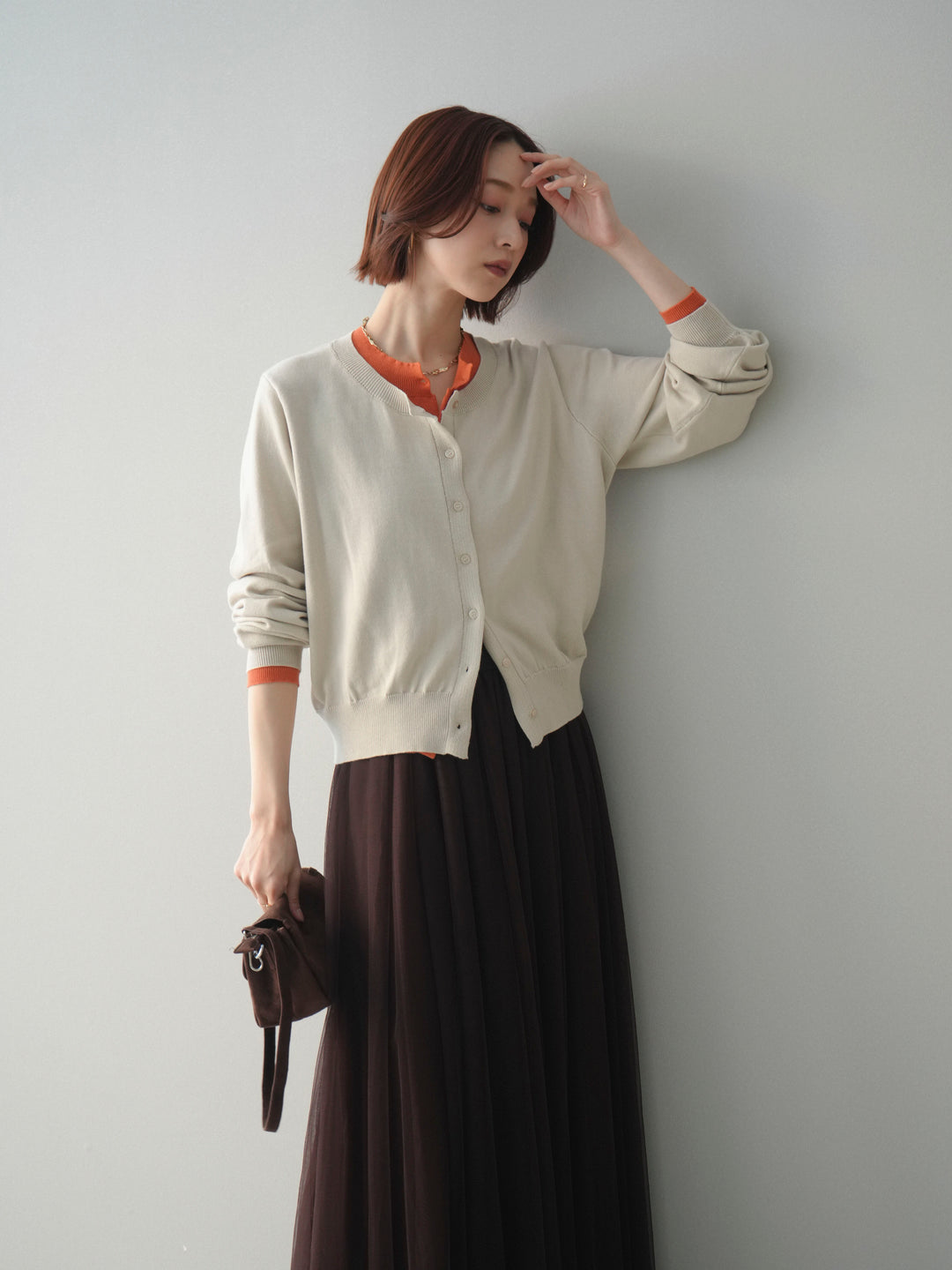 [予約]配色レイヤードコットンアクリルニットカーディガン/ivory