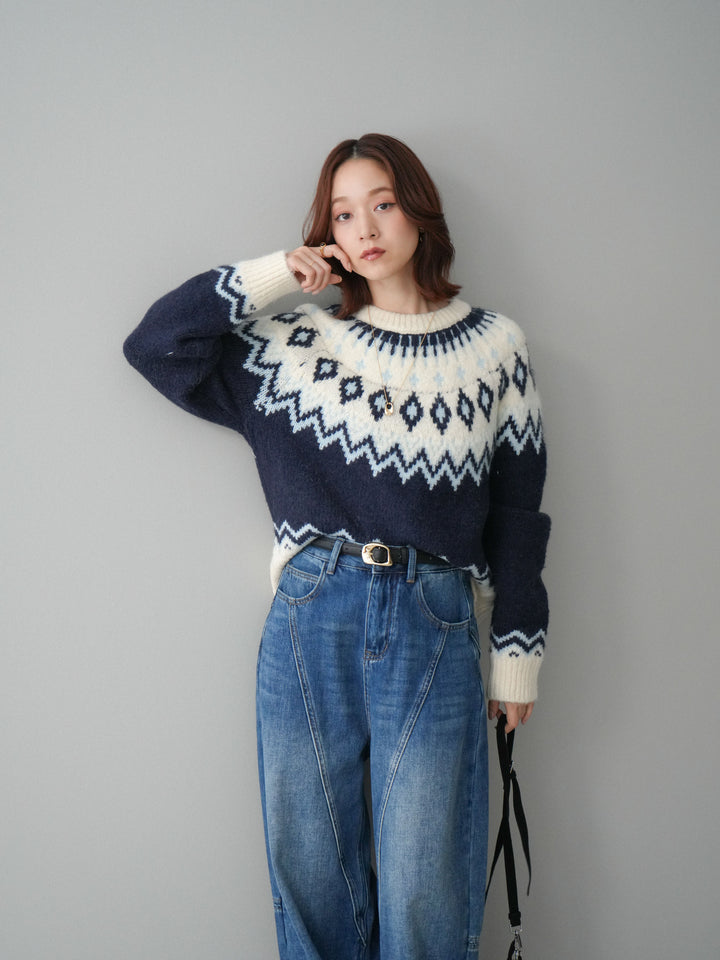 [予約]ノルディック柄ニットプルオーバー/navy