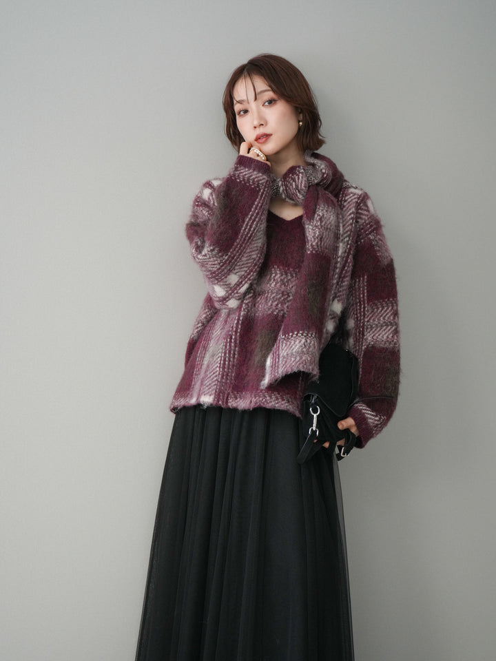 [予約]ストール付シャギーチェックニットプルオーバー/red