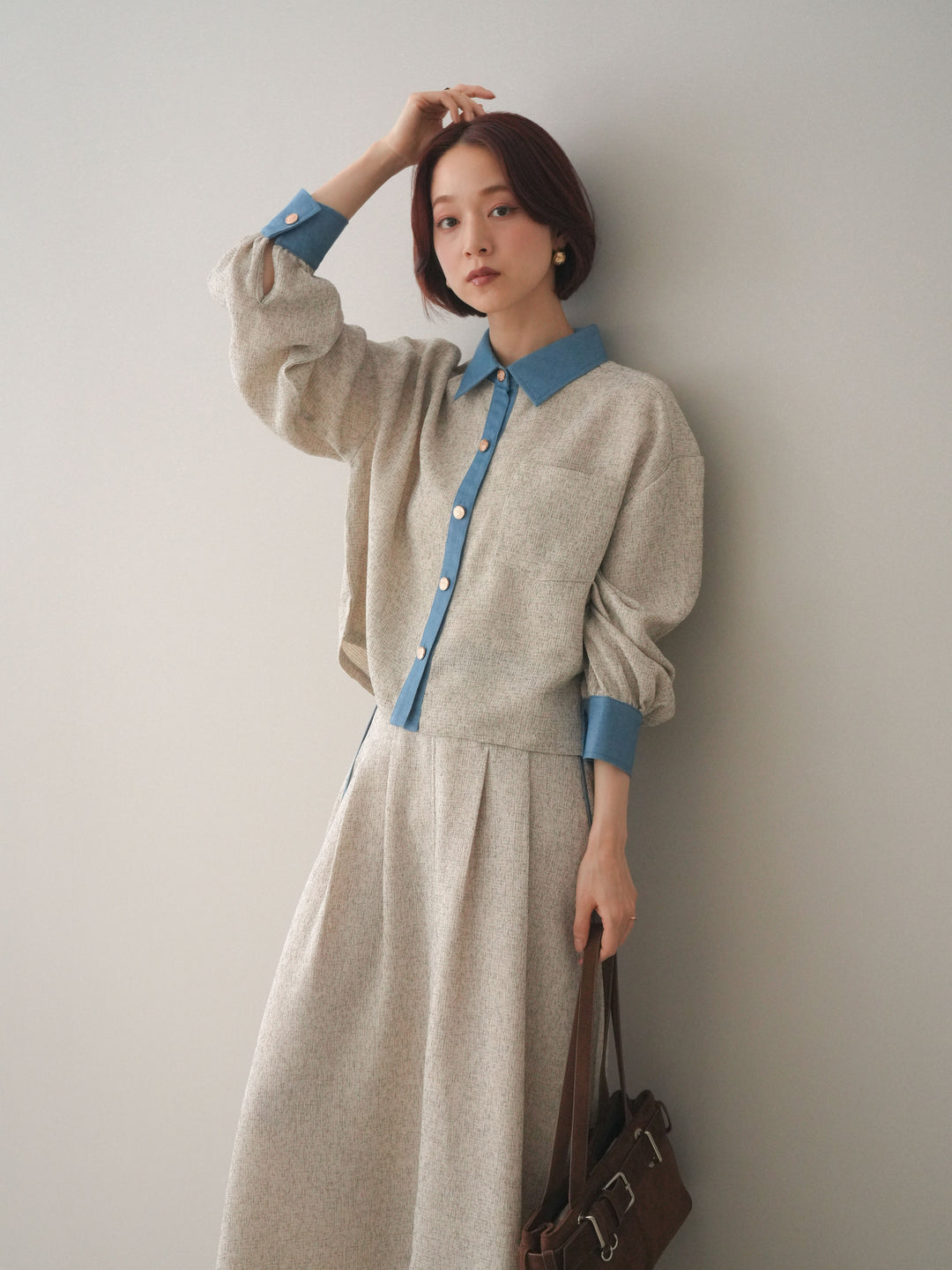 [SET]異素材サマーツイードシャツ+異素材サマーツイードタックフレアスカート(2set)