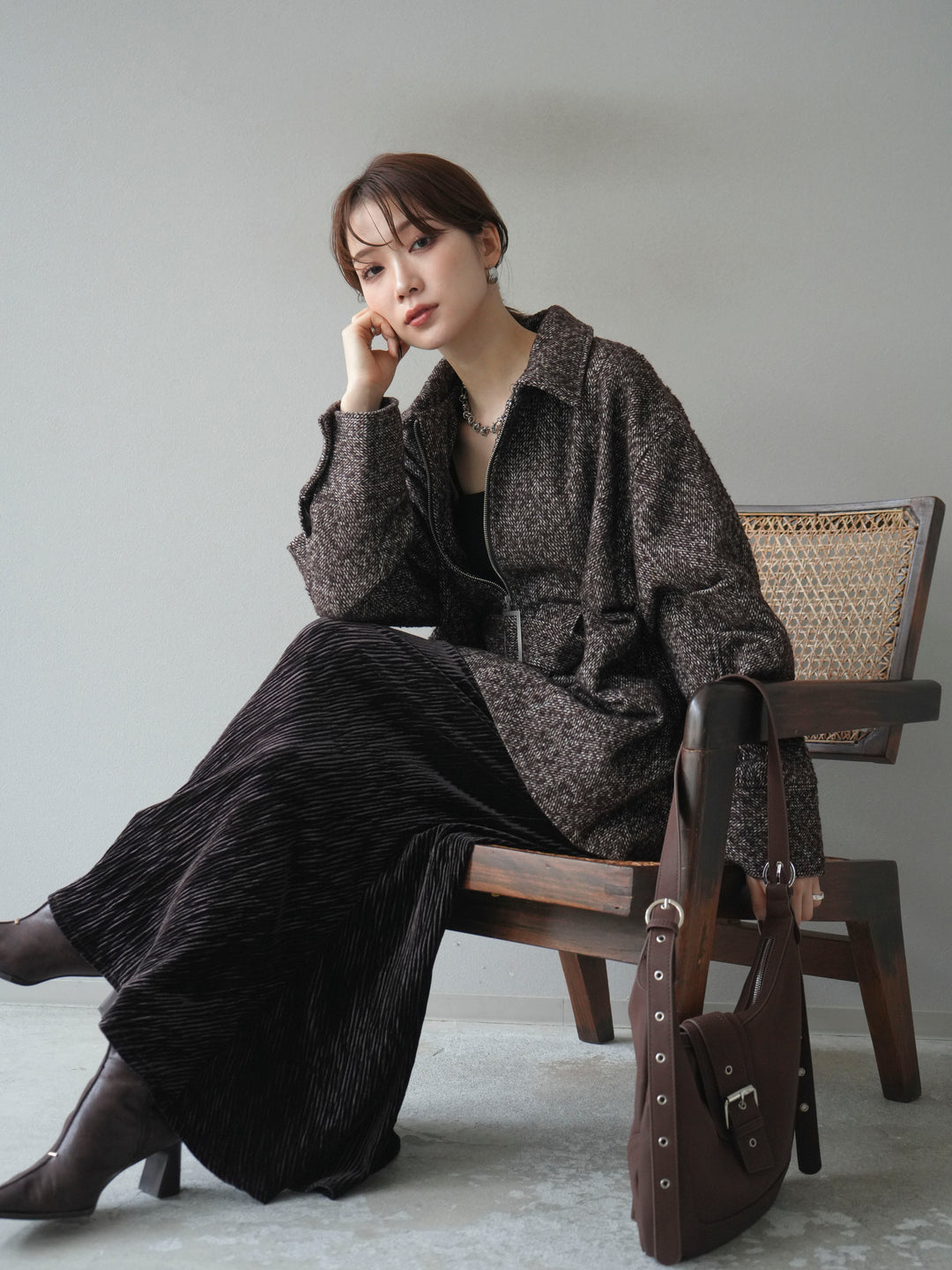 [予約]起毛ツイードベルトぺプラムジャケット/brown