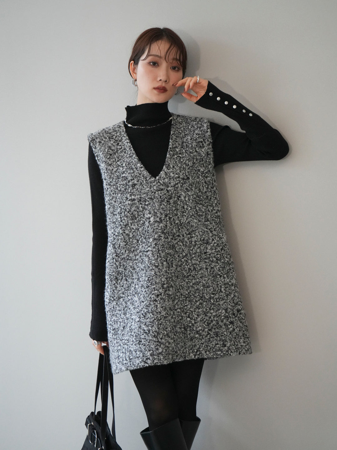 [予約]ミックスループヤーンニットミニワンピース/gray