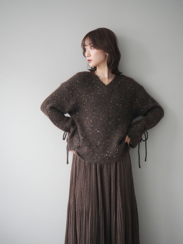 [予約]キャンディースリーブカラーネップスパンコールニットプルオーバー/brown