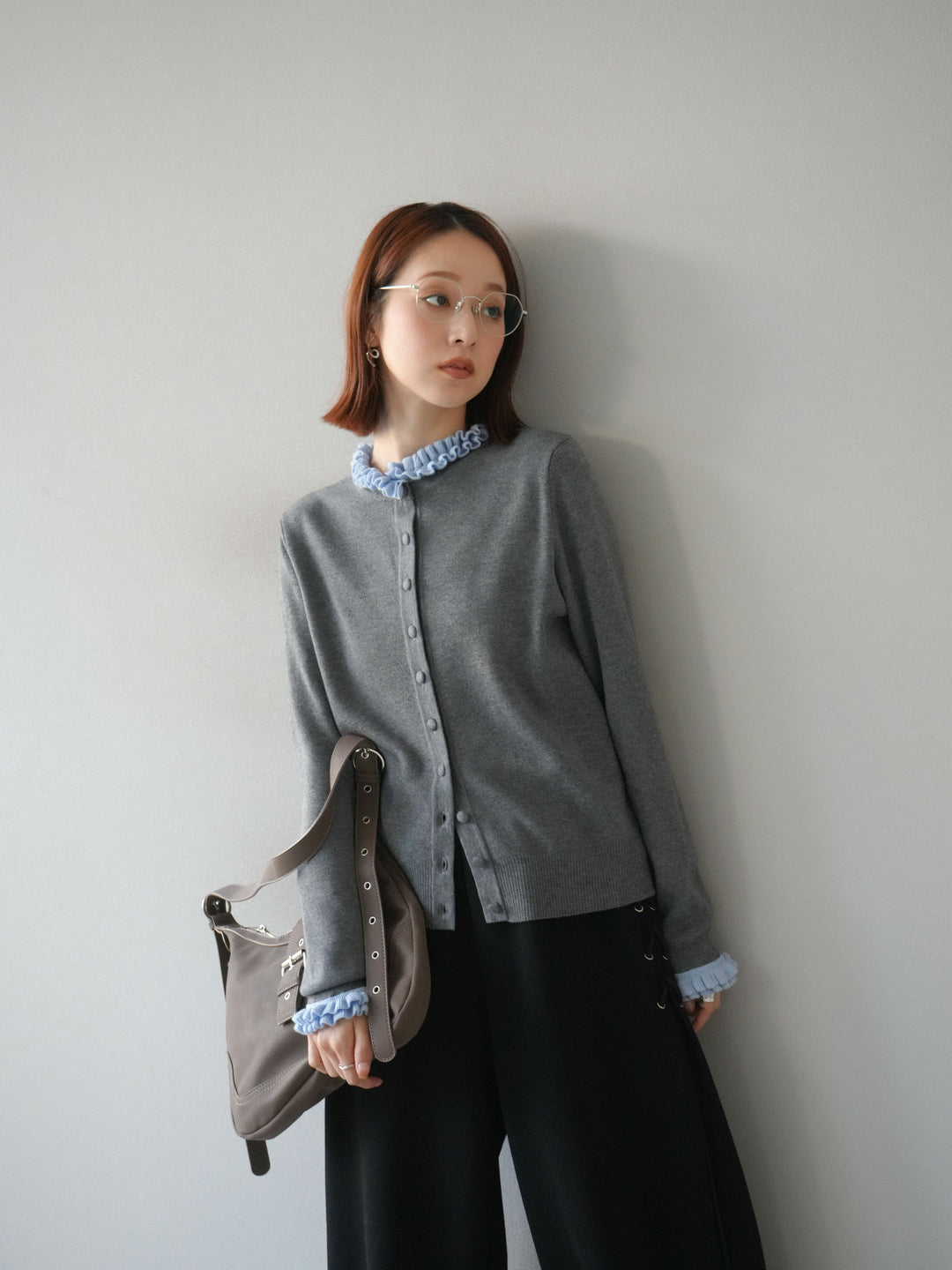 [予約]フリルデザインコンパクトニットカーディガン/グレー