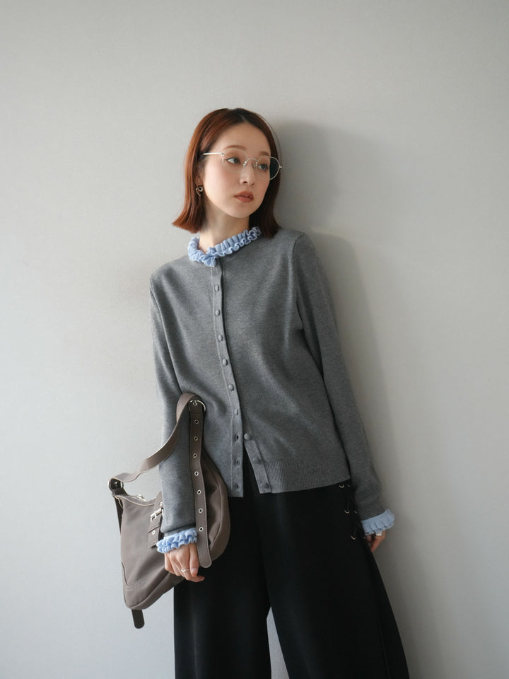 [予約]フリルデザインコンパクトニットカーディガン/グレー