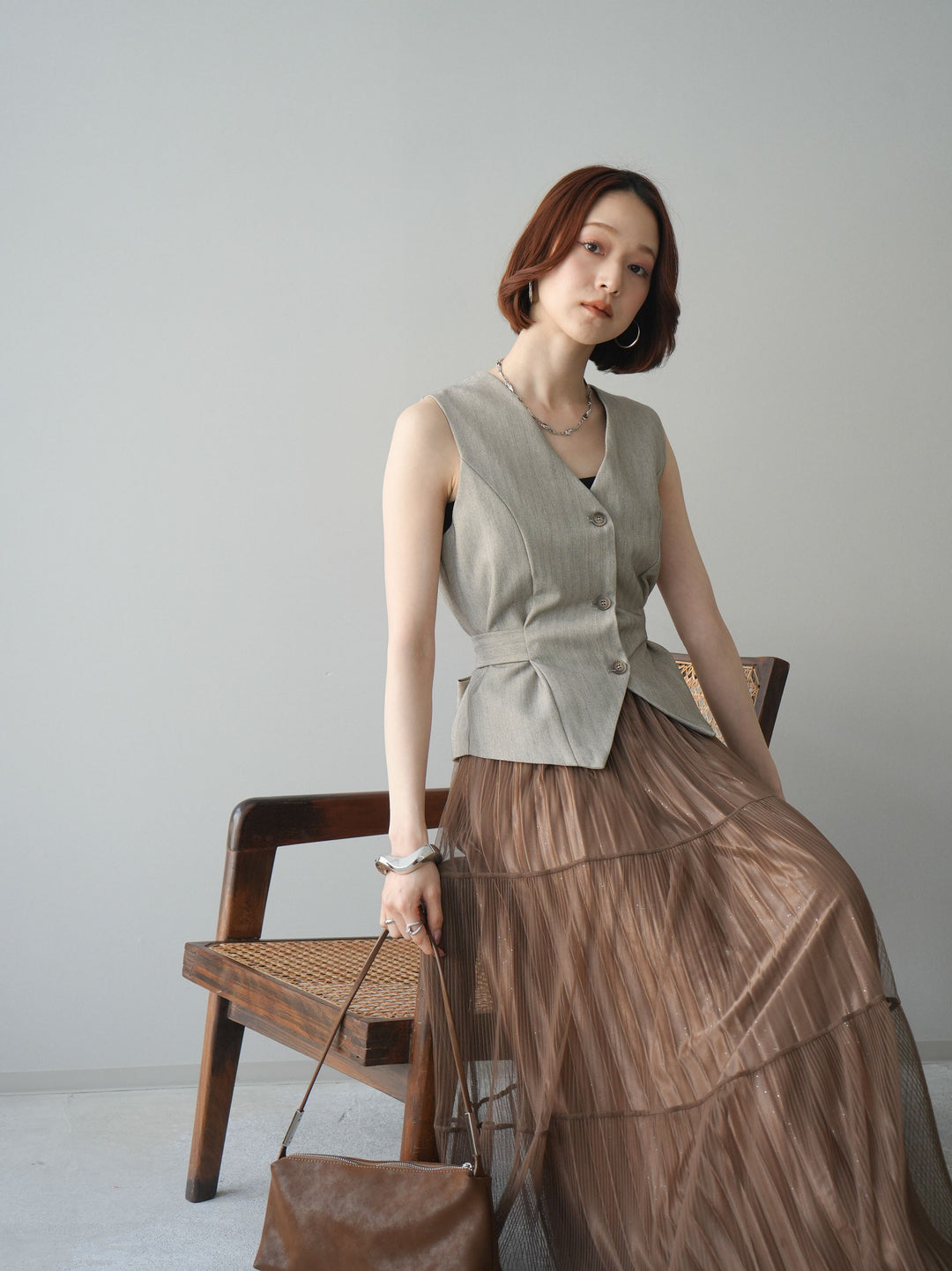 [予約]サイド切替ヘリンボーンベスト/beige