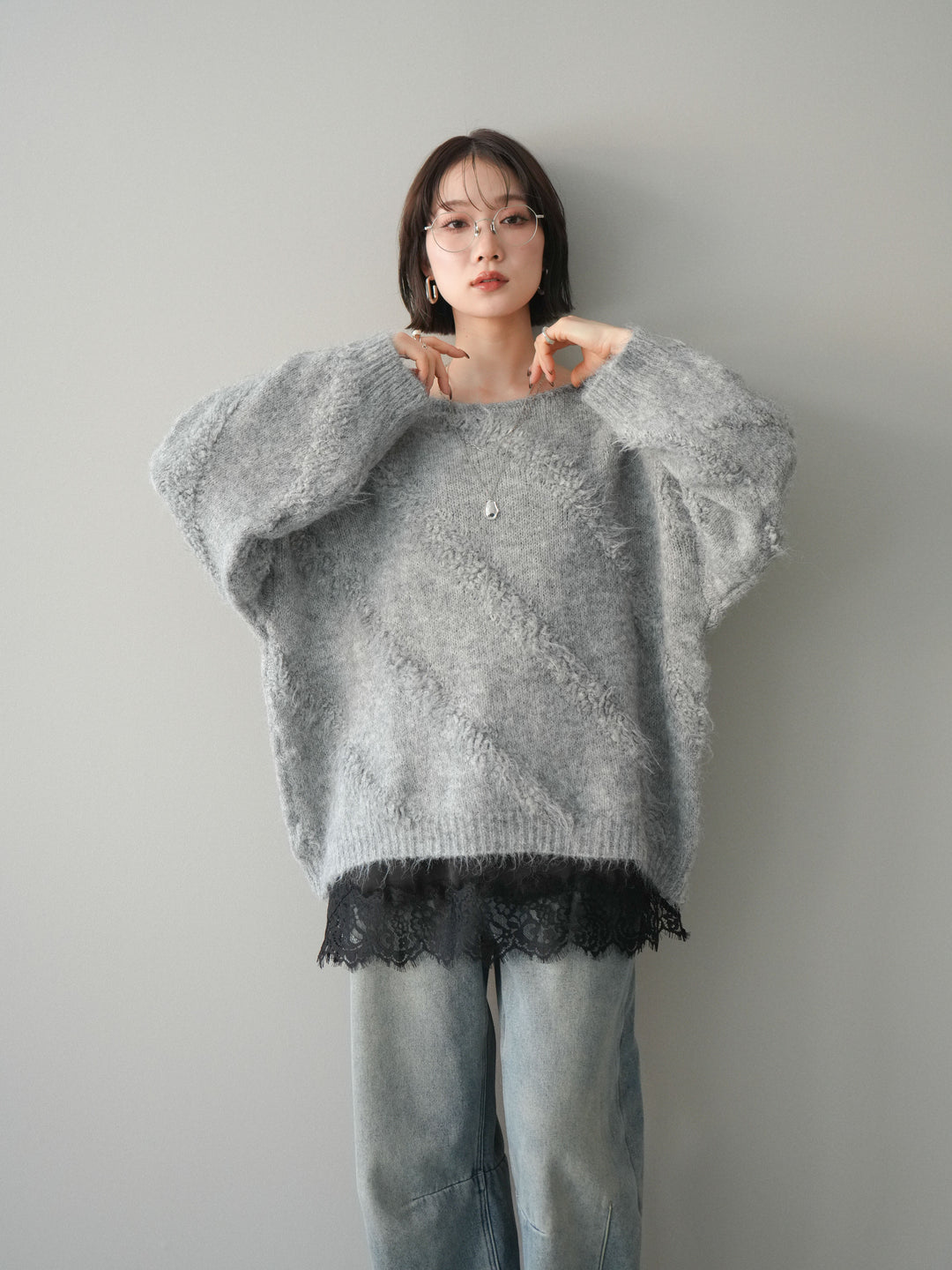 [SET]シャギーデザインニットプルオーバー+選べるアクセセット(2set)