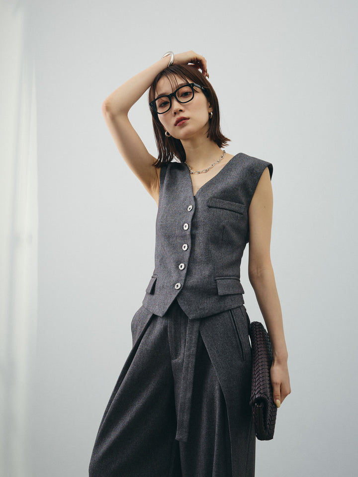 [SET]フラワーモチーフレースアップジレ＆ベルト付ワイドパンツSET UP(2set)