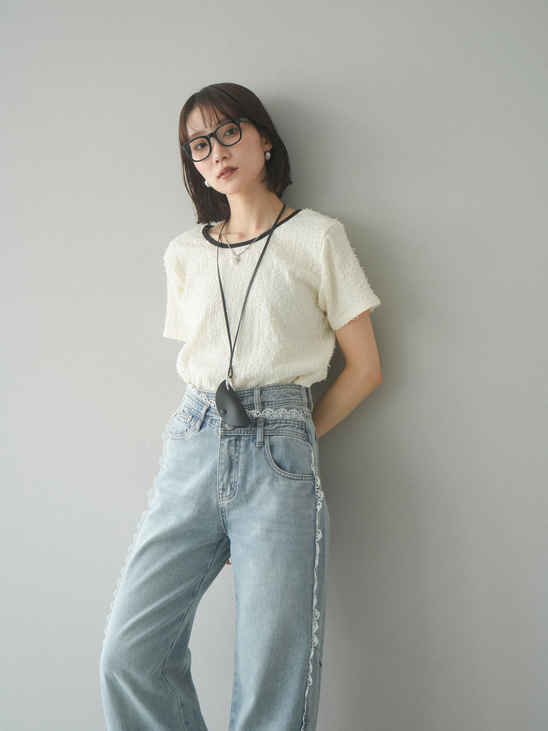 【預訂】顏色協調的滾邊蓬鬆剪裁上衣/象牙白