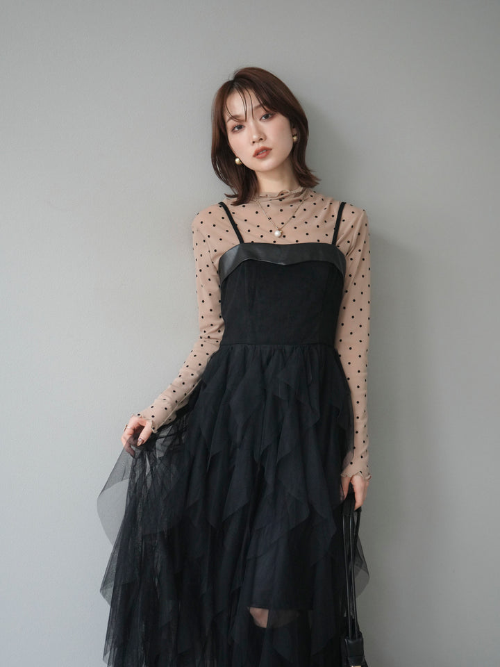 [予約]レザー切替チュールラッフルワンピース/black