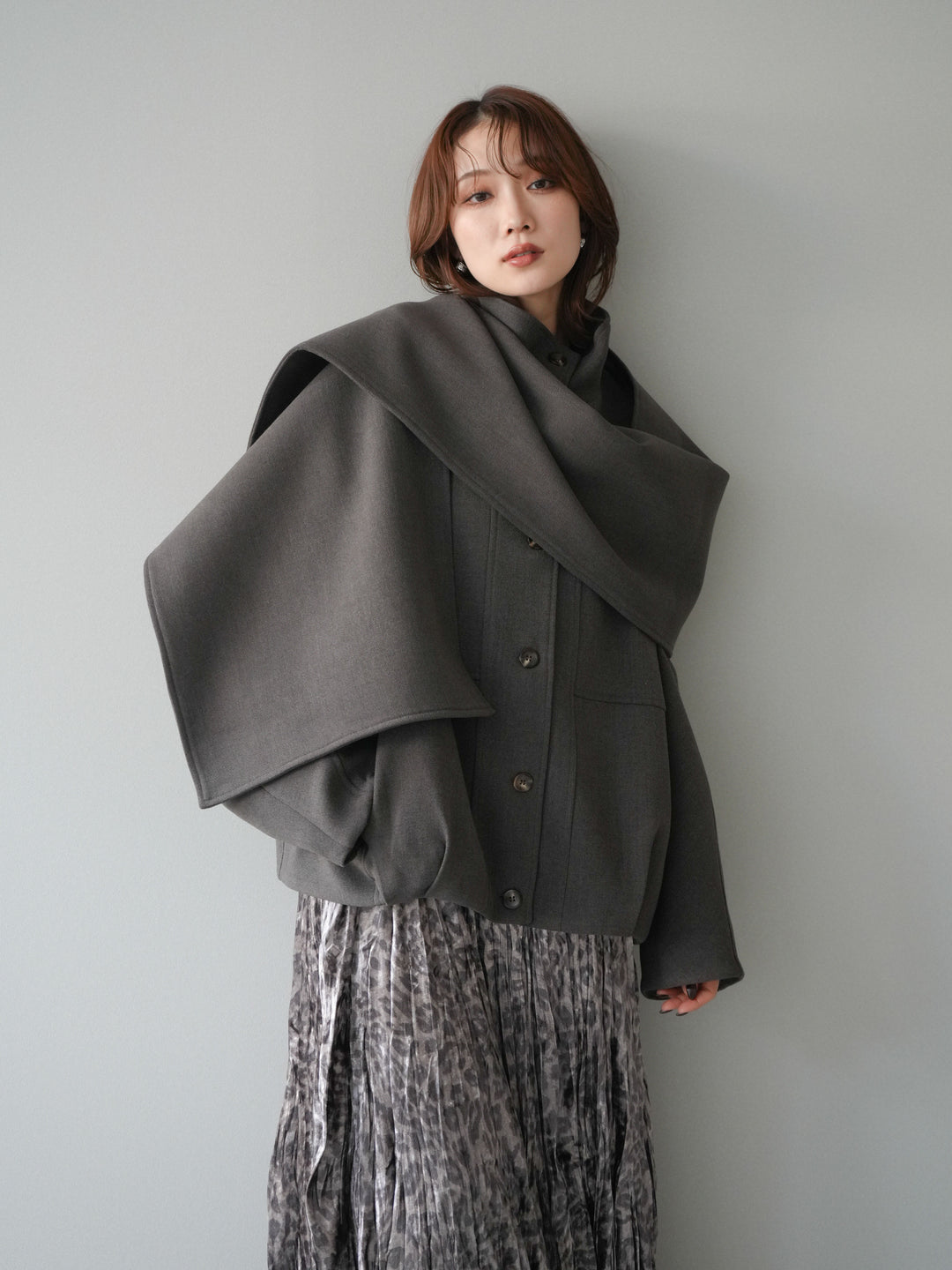 [予約]ストール付きミディアムコート/brown