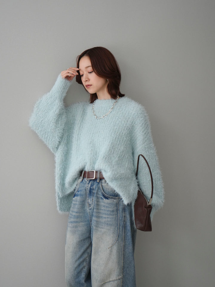 [SET]ボリュームスリーブシャギー MIXニットプルオーバー+ベルト付カーブデニムパンツ(2set)