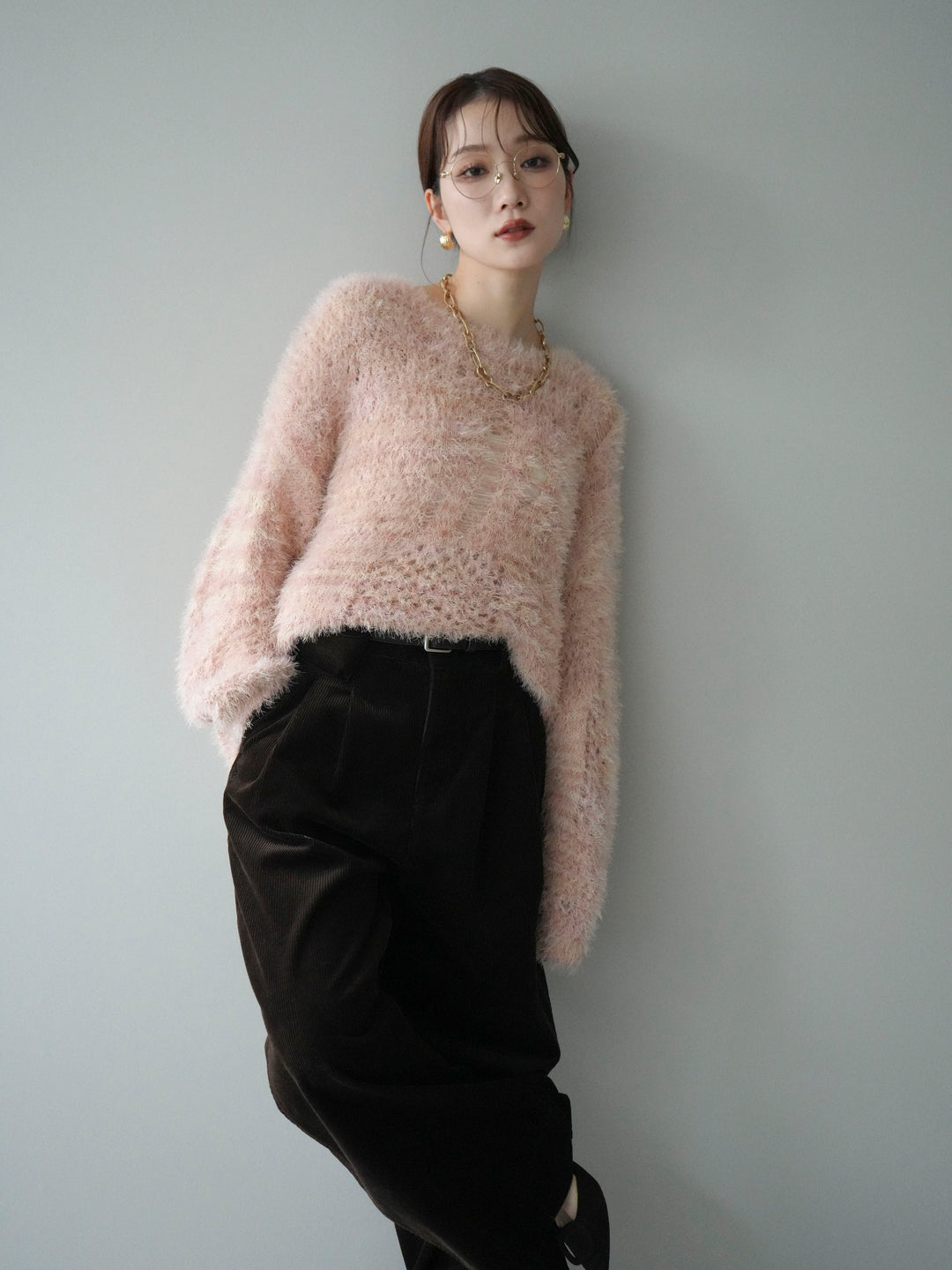 [予約]ミックスシャギールーズニットプルオーバー/pink