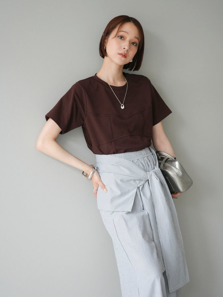 [SET]ビスチェデザインTシャツ+ウエスト巻きストライプイージーパンツ(2set)