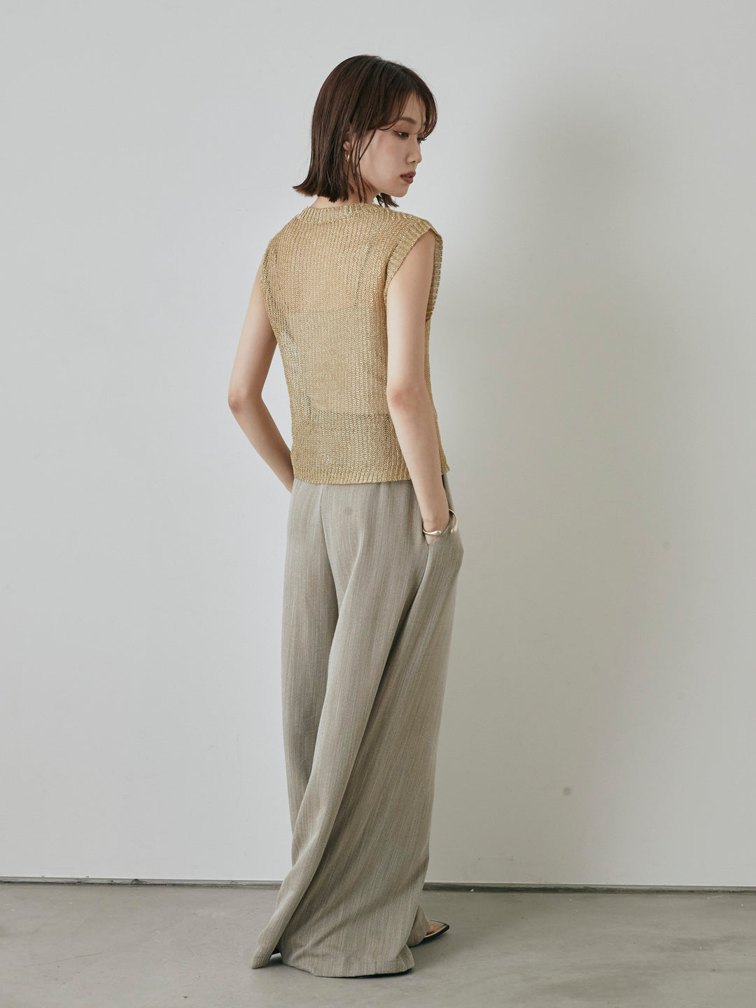 [予約]リネンライクウエストリボンワイドパンツ/ベージュ