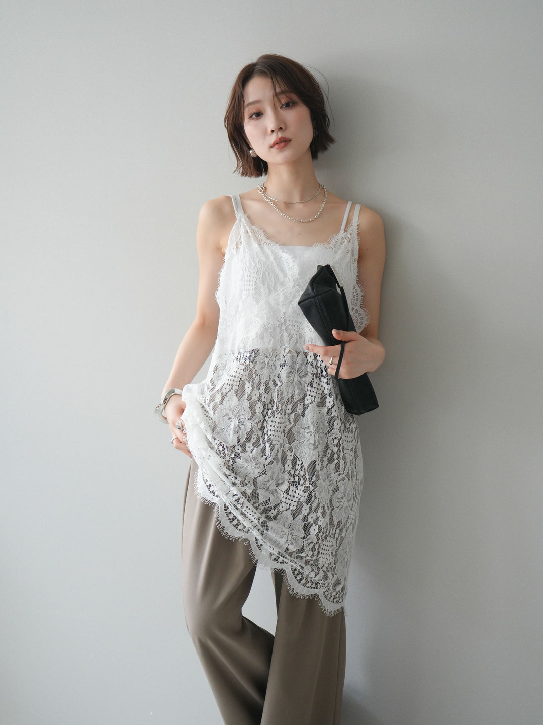 [SET]総レースチュニックキャミソール+ベルト付キーホルダーモチーフワイドパンツ(2set)