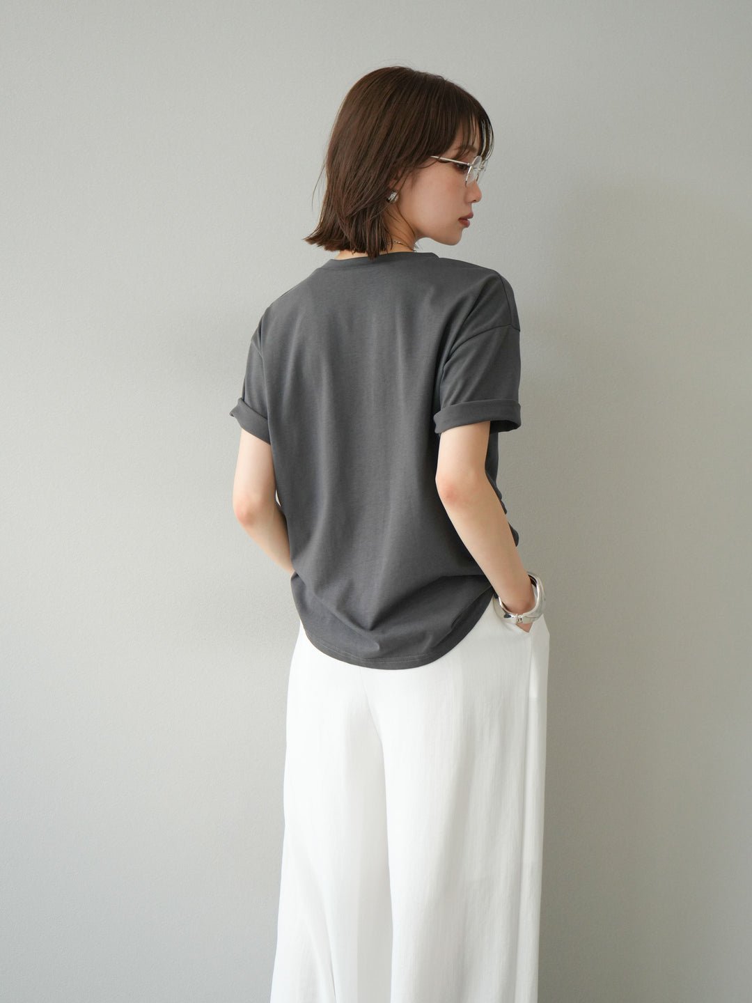 [予約]チュールレイヤードプリントTシャツ/チャコール