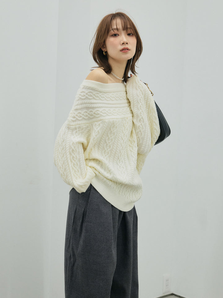 【Allure】[SET]ケーブルワンショルニットプルオーバー+ループデザインツイルワイドパンツ(2set)