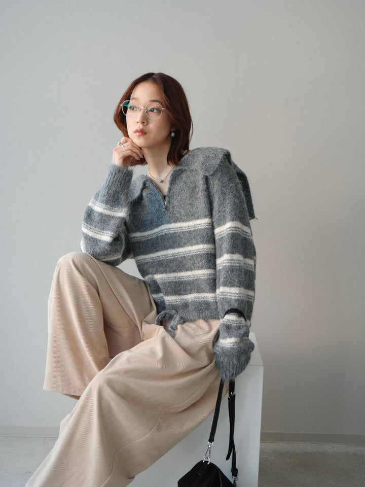 [予約]ハーフジップボーダーニットプルオーバー/gray