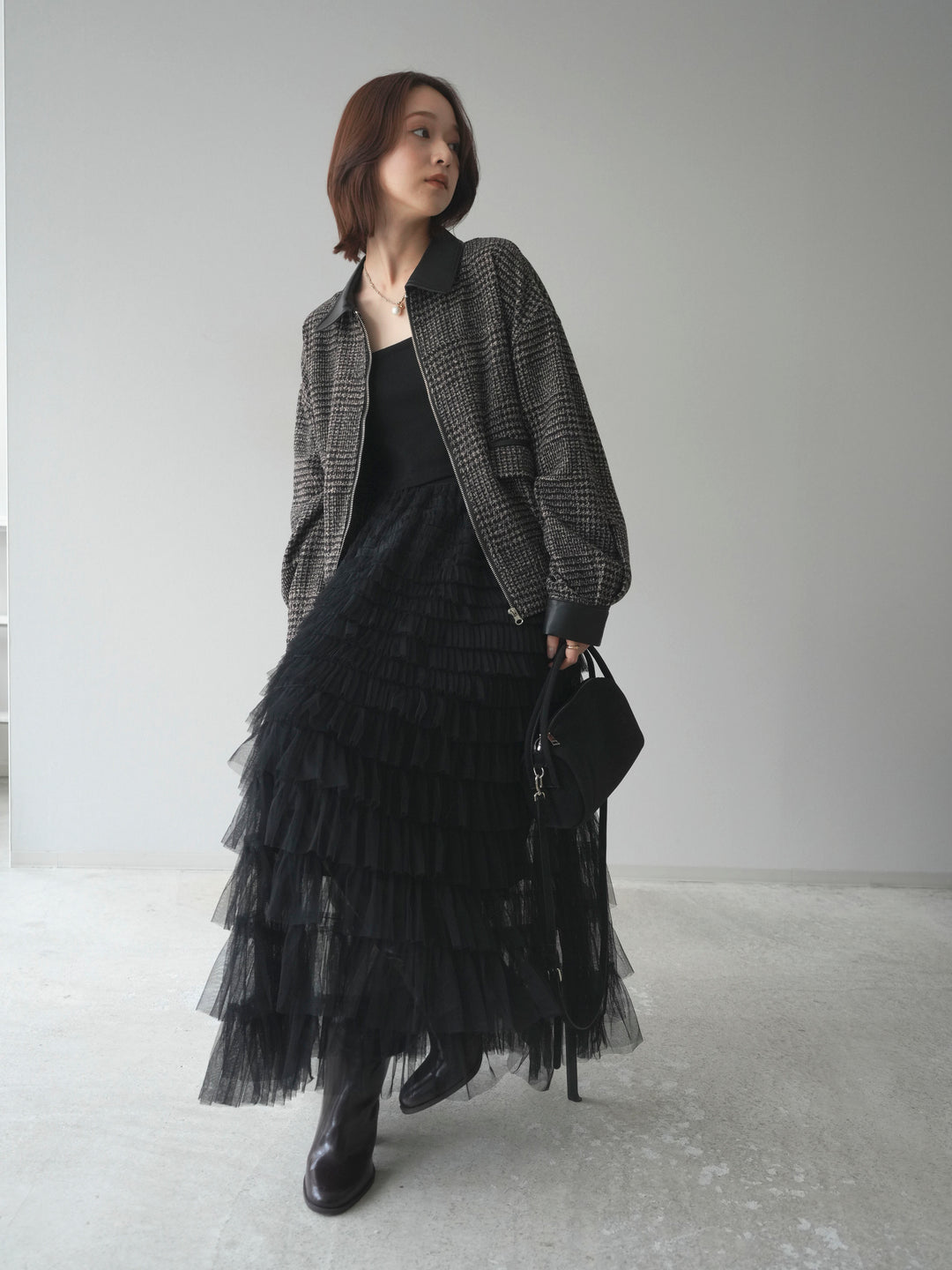 [予約]レザー襟ミックスツイードジャケット/brown